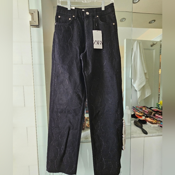 NWT Zara Rhinestone Black Jean Pants Embroidered- size 4 - Picture 11 of 13
